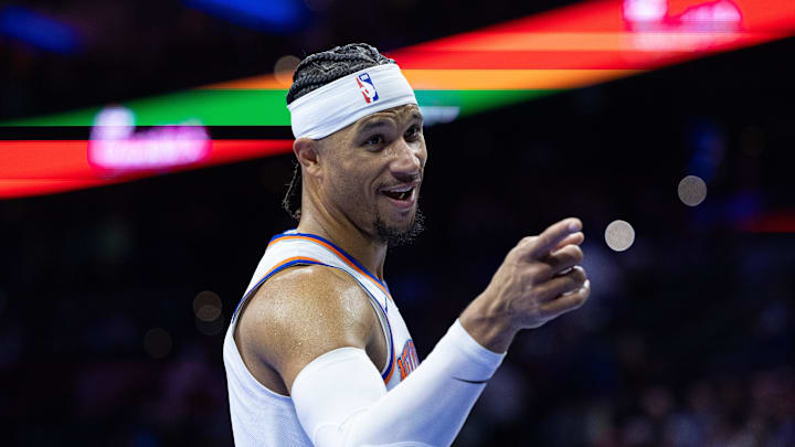 Nov 12, 2024; Philadelphia, Pennsylvania, USA; New York Knicks guard Josh Hart (3) reacts after a play against the Philadelphia 76ers during the fourth quarter at Wells Fargo Center. Mandatory Credit: Bill Streicher-Imagn Images Nov 12, 2024; Philadelphia, Pennsylvania, USA; New York Knicks guard Josh Hart (3) reacts after a play against the Philadelphia 76ers during the fourth quarter at Wells Fargo Center. Mandatory Credit: Bill Streicher-Imagn Images