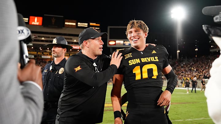 Sep 26, 2025; Tempe, Arizona, USA; Arizona State Sun Devils quarterback Sam Leavitt (10) celebrates with head coach Kenny Dillingham after win against TCU Horned Frogs at Mountain America Stadium, Home of the ASU Sun Devils. Mandatory Credit: Jacob Reiner-Imagn Images