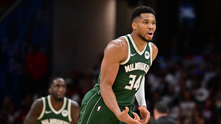 Oct 26, 2025; Cleveland, Ohio, USA; Milwaukee Bucks forward Giannis Antetokounmpo (34) celebrates after hitting a three point basket against the Cleveland Cavaliers during the second half at Rocket Arena. Mandatory Credit: Ken Blaze-Imagn Images Oct 26, 2025; Cleveland, Ohio, USA; Milwaukee Bucks forward Giannis Antetokounmpo (34) celebrates after hitting a three point basket against the Cleveland Cavaliers during the second half at Rocket Arena. Mandatory Credit: Ken Blaze-Imagn Images