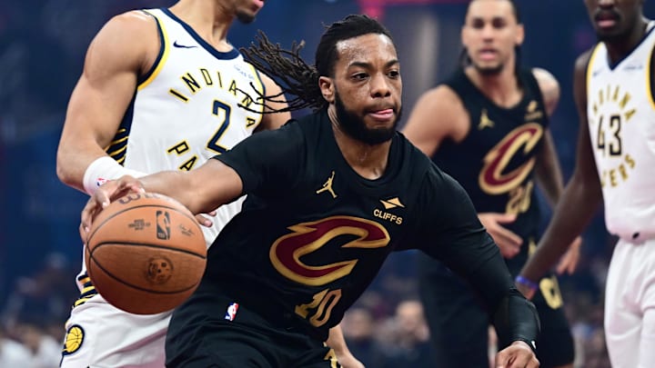 Nov 21, 2025; Cleveland, Ohio, USA; Cleveland Cavaliers guard Darius Garland (10) drives to the basket against the Indiana Pacers during the first quarter at Rocket Arena. Mandatory Credit: Ken Blaze-Imagn Images