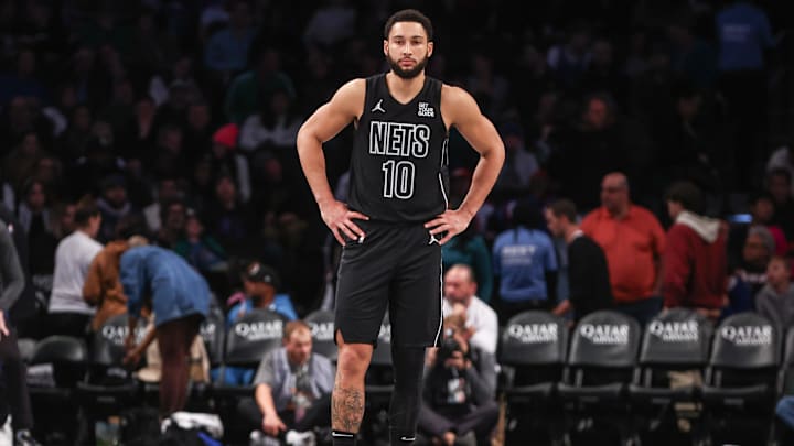 Nov 29, 2024; Brooklyn, New York, USA;  Brooklyn Nets guard Ben Simmons (10) at Barclays Center. Mandatory Credit: Wendell Cruz-Imagn Images