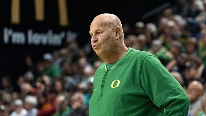 Oregon coach Kelly Graves lets out a big breath during the first half against the USC Trojans at Matthew Knight Arena in Eugene on Saturday, Dec. 7, 2024