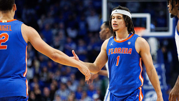 Jan 31, 2024; Lexington, Kentucky, USA; Florida Gators guard Walter Clayton Jr. (1) celebrates