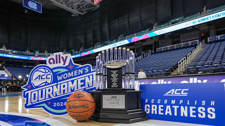 Mar 10, 2024; Greensboro, NC, USA; General view of the Championship trophy prior to the game between NC State and Notre Dame at Greensboro Coliseum. Mandatory Credit: David Yeazell-Imagn Images