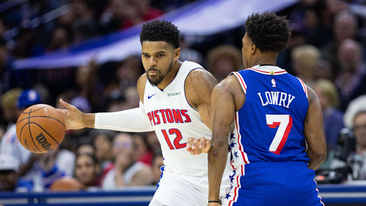 Oct 30, 2024; Philadelphia, Pennsylvania, USA; Detroit Pistons forward Tobias Harris (12) dribbles the ball against Philadelphia 76ers guard Kyle Lowry (7) during the first quarter at Wells Fargo Center. Mandatory Credit: Bill Streicher-Imagn Images Oct 30, 2024; Philadelphia, Pennsylvania, USA; Detroit Pistons forward Tobias Harris (12) dribbles the ball against Philadelphia 76ers guard Kyle Lowry (7) during the first quarter at Wells Fargo Center. Mandatory Credit: Bill Streicher-Imagn Images