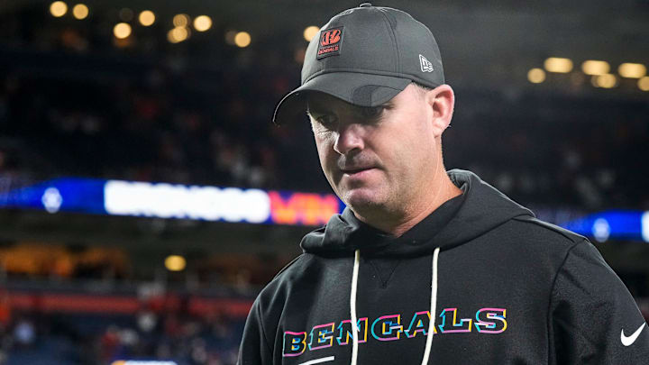 Cincinnati Bengals head coach Zac Taylor walks off the field after the fourth quarter of the NFL Week 4 Monday Night Football game between the Denver Broncos and the Cincinnati Bengals at Empower Field at Mile High in Denver on Monday, Sept. 29, 2025. The Bengals fell to 2-2 with a 28-3 loss to the Broncos.