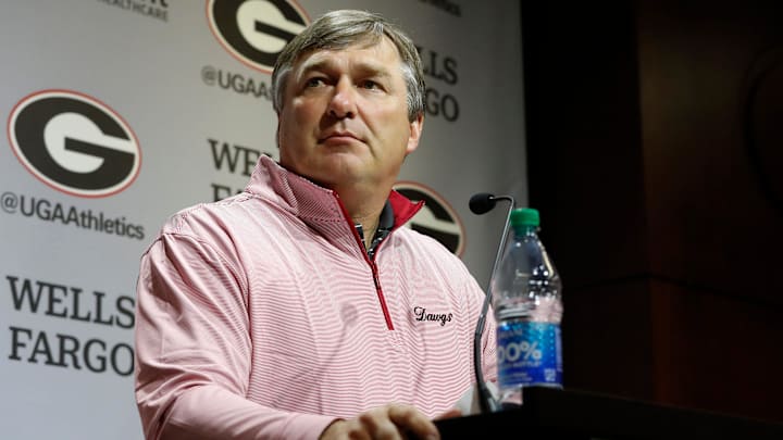 Georgia head coach Kirby Smart speaks to the media on the first day of spring practice in Athens, Ga., on Tuesday, March 12, 2024. Georgia head coach Kirby Smart speaks to the media on the first day of spring practice in Athens, Ga., on Tuesday, March 12, 2024.