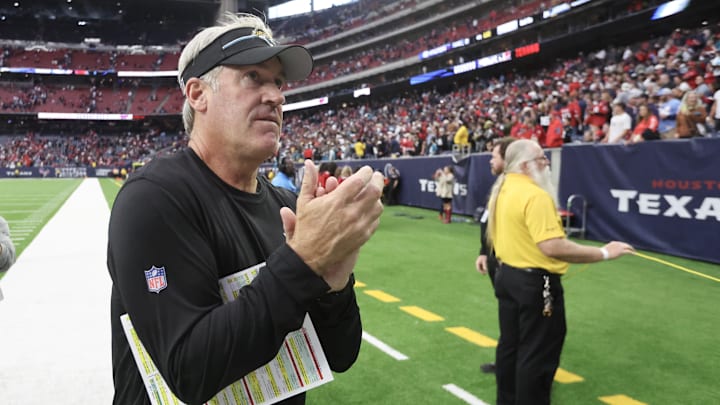 Nov 26, 2023; Houston, Texas, USA; Jacksonville Jaguars head coach Doug Peterson applauds the fans as he walks off the field after defeating the Houston Texans at NRG Stadium. Mandatory Credit: Thomas Shea-Imagn Images