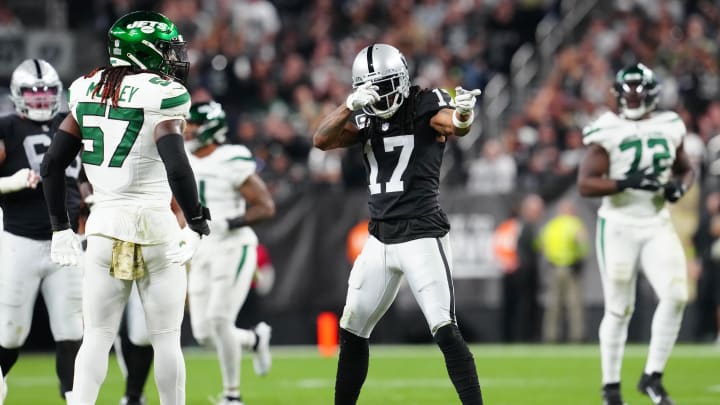 Nov 12, 2023; Paradise, NV; Las Vegas Raiders wide receiver Davante Adams (17) gestures after gaining a first down against the New York Jets during the second quarter at Allegiant Stadium.  