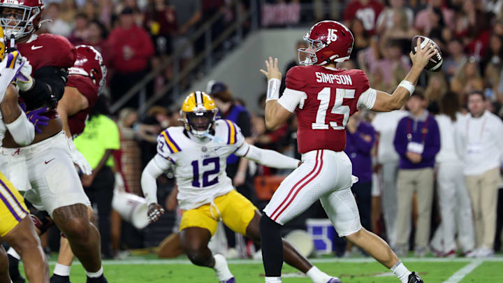 Nov 8, 2025; Tuscaloosa, Alabama, USA; Alabama Crimson Tide quarterback Ty Simpson (15) passes the ball against the Louisiana State Tigers during the first quarter of the game at Saban Field at Bryant-Denny Stadium. Mandatory Credit: David Leong-Imagn Images Nov 8, 2025; Tuscaloosa, Alabama, USA; Alabama Crimson Tide quarterback Ty Simpson (15) passes the ball against the Louisiana State Tigers during the first quarter of the game at Saban Field at Bryant-Denny Stadium. Mandatory Credit: David Leong-Imagn Images