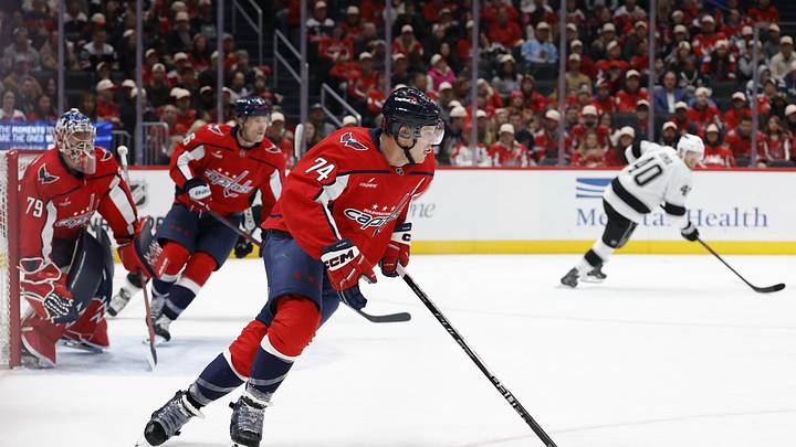 Nov 17, 2025; Washington, District of Columbia, USA; Washington Capitals defenseman John Carlson (74) skates with the puck at Capital One Arena. Mandatory Credit: Geoff Burke-Imagn Images