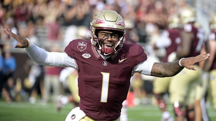Aug 30, 2025; Tallahassee, Florida, USA; Florida State Seminoles quarterback Tommy Castellanos (1) celebrates after a touchdown against the Alabama Crimson Tide during the second half at Doak S. Campbell Stadium. Mandatory Credit: Melina Myers-Imagn Images