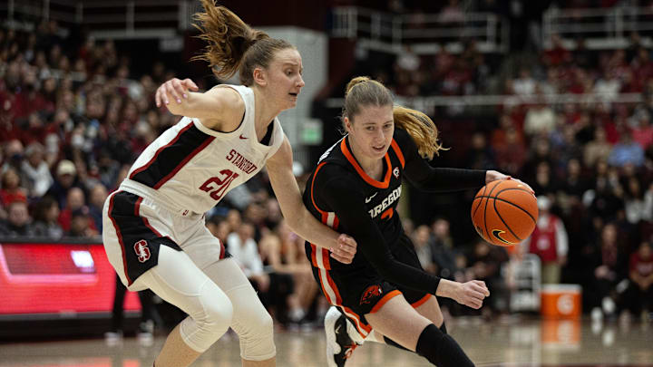 Jan 21, 2024; Stanford, California, USA; Oregon State Beavers guard Dominika Paurov (3) attempts to drive around Stanford Cardinal guard Elena Bosgana (20) during the first quarter at Maples Pavilion. Mandatory Credit: D. Ross Cameron-Imagn Images Jan 21, 2024; Stanford, California, USA; Oregon State Beavers guard Dominika Paurov (3) attempts to drive around Stanford Cardinal guard Elena Bosgana (20) during the first quarter at Maples Pavilion. Mandatory Credit: D. Ross Cameron-Imagn Images