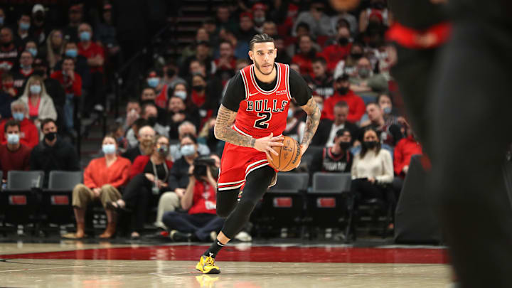 Nov 17, 2021; Portland, Oregon, USA;  Chicago Bulls guard Lonzo Ball (2) advances the ball against Portland Trail Blazers in the first half at Moda Center. Mandatory Credit: Jaime Valdez-Imagn Images