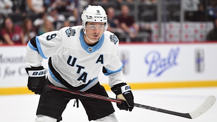 Sep 29, 2024; Denver, Colorado, USA; Utah Hockey Club forward Clayton Keller (9) waits for a face off during the first period against the Colorado Avalanche at Ball Arena. Mandatory Credit: Christopher Hanewinckel-Imagn Images