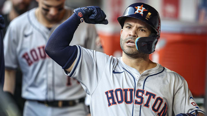 Jun 28, 2024; New York City, New York, USA;  Houston Astros second baseman Jose Altuve celebrates.