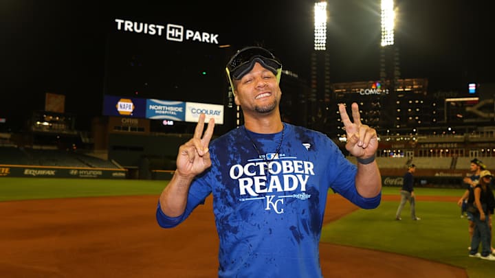 Sep 27, 2024; Atlanta, Georgia, USA; Kansas City Royals first baseman Yuli Gurriel (18) celebrates after clinching a wild card playoff birth after a game against the Atlanta Braves at Truist Park. Mandatory Credit: Brett Davis-Imagn Images