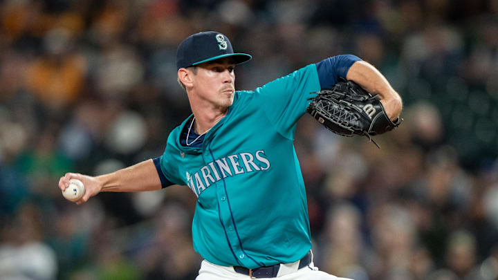 Seattle Mariners Emerson Hancock (62) delivers a pitch during the first inning against the Oakland Athletics at T-Mobile Park on Sept 28. Seattle Mariners Emerson Hancock (62) delivers a pitch during the first inning against the Oakland Athletics at T-Mobile Park on Sept 28.