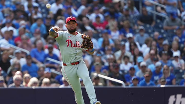 Sep 4, 2024; Toronto, Ontario, CAN; Philadelphia Phillies third baseman Edmundo Sosa (33) throws a ball to first for the out against the Toronto Blue Jays during the fourth inning at Rogers Centre. Mandatory Credit: Nick Turchiaro-Imagn Images Sep 4, 2024; Toronto, Ontario, CAN; Philadelphia Phillies third baseman Edmundo Sosa (33) throws a ball to first for the out against the Toronto Blue Jays during the fourth inning at Rogers Centre. Mandatory Credit: Nick Turchiaro-Imagn Images