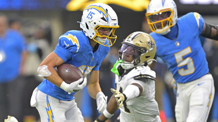 Chargers wide receiver Ladd McConkey (15) runs past Saints cornerback Kool-Aid McKinstry (14) for a touchdown Chargers wide receiver Ladd McConkey (15) runs past Saints cornerback Kool-Aid McKinstry (14) for a touchdown