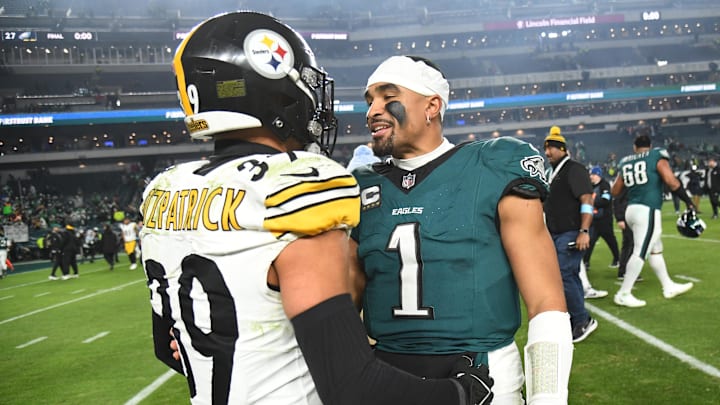 Dec 15, 2024; Philadelphia, Pennsylvania, USA; Philadelphia Eagles quarterback Jalen Hurts (1) and Pittsburgh Steelers safety Minkah Fitzpatrick (39) meet on the field after game at Lincoln Financial Field. Mandatory Credit: Eric Hartline-Imagn Images
