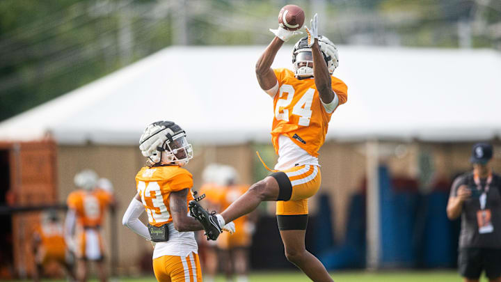 Tennessee defensive backs Cristian Conyer (23) and 	Jordan Matthews (24) during preseason football practice held on UT's campus on Monday, August 7, 2023.