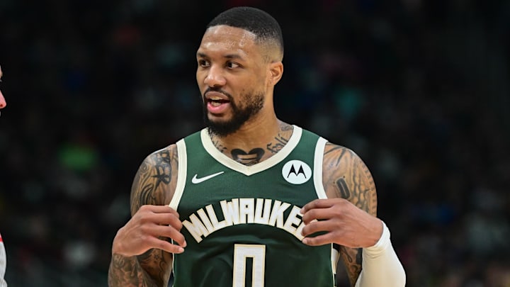 Feb 27, 2024; Milwaukee, Wisconsin, USA; Milwaukee Bucks guard Damian Lillard (0) talks to a referee.