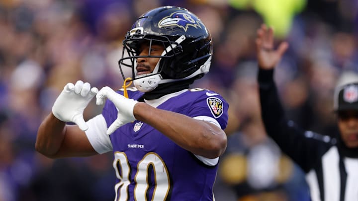 Dec 7, 2025; Baltimore, Maryland, USA; Baltimore Ravens tight end Isaiah Likely (80) reacts after scoring a touchdown against the Pittsburgh Steelers during the second half at M&T Bank Stadium. Mandatory Credit: Peter Casey-Imagn Images