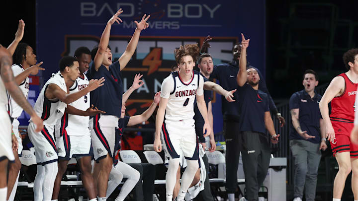 Gonzaga Bulldogs guard Dusty Stromer (4) reacts after scoring against the Davidson Wildcats. Gonzaga Bulldogs guard Dusty Stromer (4) reacts after scoring against the Davidson Wildcats.