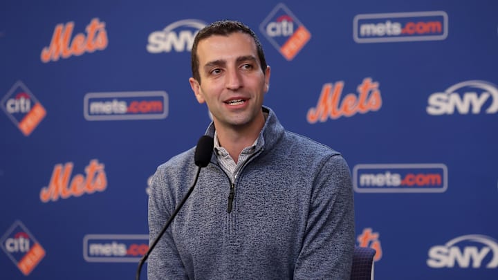 Jul 30, 2024; New York City, New York, USA; New York Mets president of baseball operations David Stearns speaks to the media about the MLB trade deadline before a game against the Minnesota Twins at Citi Field. 