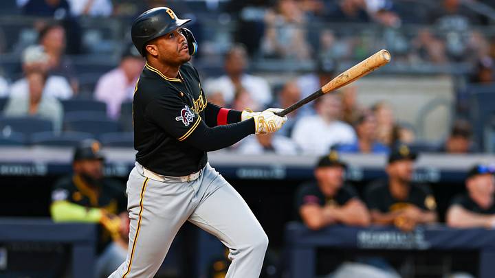 Jul 20, 2026; Bronx, New York, USA; Pittsburgh Pirates right fielder Esmerlyn Valdez (55) hits a two run home run during the third inning against the New York Yankees at Yankee Stadium. Mandatory Credit: Vincent Carchietta-Imagn Images Jul 20, 2026; Bronx, New York, USA; Pittsburgh Pirates right fielder Esmerlyn Valdez (55) hits a two run home run during the third inning against the New York Yankees at Yankee Stadium. Mandatory Credit: Vincent Carchietta-Imagn Images
