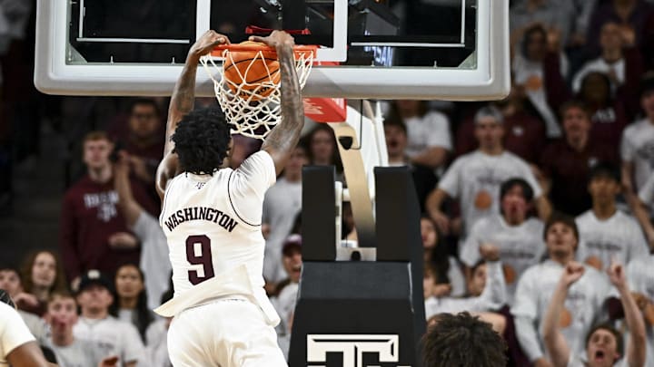 Feb 11, 2025; College Station, Texas, USA; Texas A&M Aggies forward Solomon Washington (9) dunks the ball during the second half against the Georgia Bulldogs at Reed Arena. Mandatory Credit: Maria Lysaker-Imagn Images Feb 11, 2025; College Station, Texas, USA; Texas A&M Aggies forward Solomon Washington (9) dunks the ball during the second half against the Georgia Bulldogs at Reed Arena. Mandatory Credit: Maria Lysaker-Imagn Images