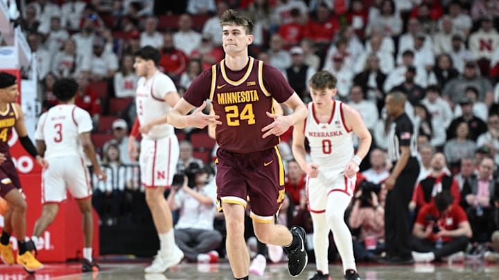 Mar 1, 2025; Lincoln, Nebraska, USA; Minnesota Golden Gophers guard Brennan Rigsby (24) signals after making a three point attempt against the Nebraska Cornhuskers during the first half at Pinnacle Bank Arena. Mandatory Credit: Steven Branscombe-Imagn Images Mar 1, 2025; Lincoln, Nebraska, USA; Minnesota Golden Gophers guard Brennan Rigsby (24) signals after making a three point attempt against the Nebraska Cornhuskers during the first half at Pinnacle Bank Arena. Mandatory Credit: Steven Branscombe-Imagn Images