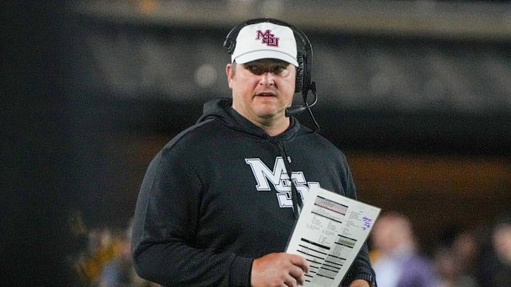 Mississippi State Bulldogs head coach Jeff Lebby on field against the Missouri Tigers during the first half of the game at Faurot Field at Memorial Stadium. Mississippi State Bulldogs head coach Jeff Lebby on field against the Missouri Tigers during the first half of the game at Faurot Field at Memorial Stadium.