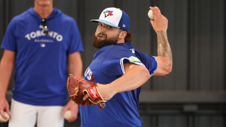 Feb 15, 2024; Dunedin, FL, USA;  Toronto Blue Jays starting pitcher Alek Manoah (6) participates in