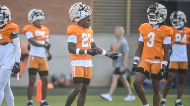 Tennessee’s Boo Carter (23) during a fall Tennessee football practice, in Knoxville, Tenn., Thursday, Aug. 8, 2024. Tennessee’s Boo Carter (23) during a fall Tennessee football practice, in Knoxville, Tenn., Thursday, Aug. 8, 2024.