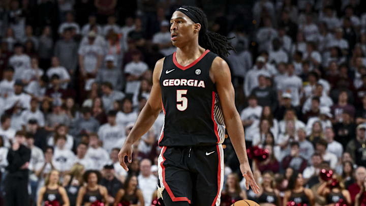 Feb 11, 2025; College Station, Texas, USA; Georgia Bulldogs guard Silas Demary Jr. (5) dribbles the ball during the second half against the Texas A&M Aggies at Reed Arena. Mandatory Credit: Maria Lysaker-Imagn Images 