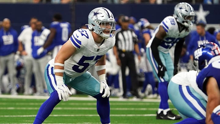 Sep 14, 2025; Arlington, Texas, USA; Dallas Cowboys linebacker Jack Sanborn (57) in action against the New York Giants at AT&T Stadium. Mandatory Credit: Raymond Carlin III-Imagn Images