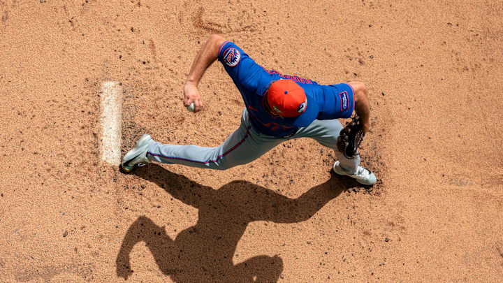 Mar 5, 2026; West Palm Beach, Florida, USA; New York Mets pitcher Justin Hagenman (47) warms up before the game against the Washington Nationals at CACTI Park of the Palm Beaches. Mandatory Credit: Sam Navarro-Imagn Images