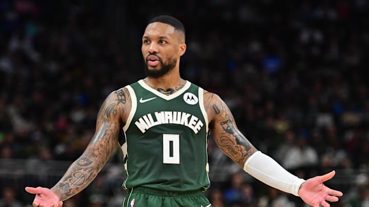 Feb 27, 2024; Milwaukee, Wisconsin, USA; Milwaukee Bucks guard Damian Lillard (0) reacts to a call. 