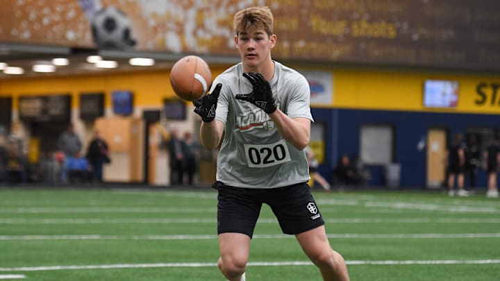Cooper Terwilliger, a tight end from South Dakota, performs drills during the 2024 Sanford Sports Football Academy Combine in Sioux Falls. 