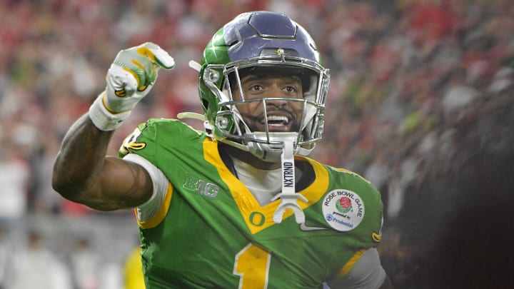 Jan 1, 2025; Pasadena, CA, USA; Oregon Ducks wide receiver Traeshon Holden (1) celebrates after a touchdown in the second half against the Ohio State Buckeyes in the 2025 Rose Bowl college football quarterfinal game at Rose Bowl Stadium. Mandatory Credit: Jayne Kamin-Oncea-Imagn Images