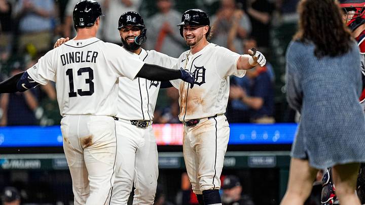 Detroit Tigers catcher Dillon Dingler (13) celebrates a three run home run against Minnesota Twins with second baseman Gleyber Torres (25) and shortstop Zach McKinstry (39) at Comerica Park in Detroit on Tuesday, June 9, 2026. Detroit Tigers catcher Dillon Dingler (13) celebrates a three run home run against Minnesota Twins with second baseman Gleyber Torres (25) and shortstop Zach McKinstry (39) at Comerica Park in Detroit on Tuesday, June 9, 2026.