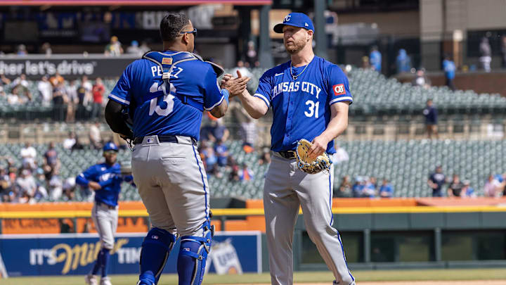 Apr 26, 2024; Detroit, Michigan, USA; Kansas City Royals pitcher Will Smith (31) closes out the game for the win and slaps hands with catcher Salvador Perez (13) at Comerica Park. Mandatory Credit: David Reginek-Imagn Images Apr 26, 2024; Detroit, Michigan, USA; Kansas City Royals pitcher Will Smith (31) closes out the game for the win and slaps hands with catcher Salvador Perez (13) at Comerica Park. Mandatory Credit: David Reginek-Imagn Images