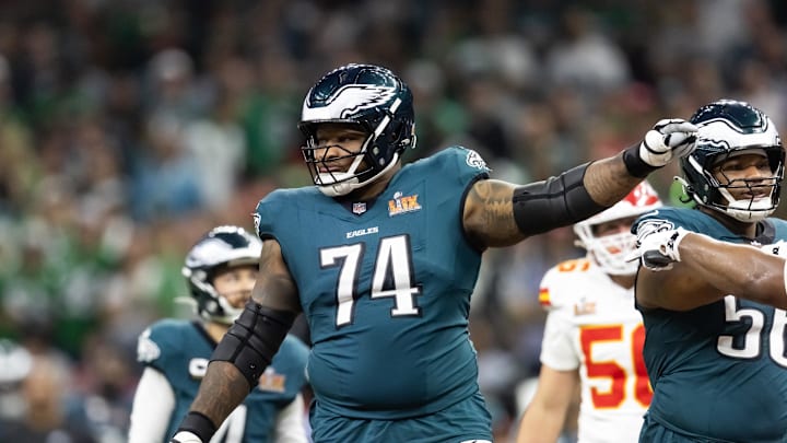 Feb 9, 2025; New Orleans, LA, USA; Philadelphia Eagles  offensive tackle Fred Johnson (74) against the Kansas City Chiefs during Super Bowl LIX at Ceasars Superdome. Mandatory Credit: Mark J. Rebilas-Imagn Images