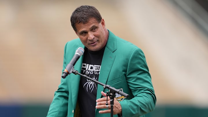 Oakland Athletics former outfielder Jose Canseco speaks before the game against the San Francisco Giants at Oakland-Alameda County Coliseum. 