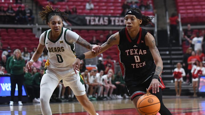 Texas Tech's Snudda Collins dribbles against Baylor in a Big 12 women's basketball game Wednesday, Feb. 18, 2026, at United Supermarkets Arena. Texas Tech's Snudda Collins dribbles against Baylor in a Big 12 women's basketball game Wednesday, Feb. 18, 2026, at United Supermarkets Arena.