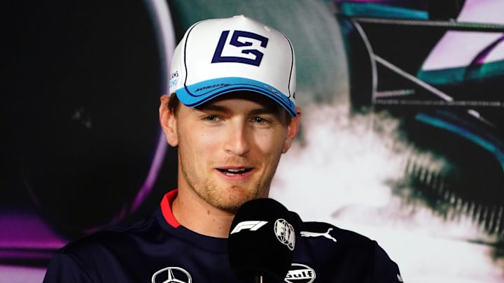 May 2, 2024; Miami Gardens, Florida, USA;  Williams driver Logan Sargeant (2) addresses the media in advance of the Miami Grand Prix at the Miami International Autodrome. Mandatory Credit: John David Mercer-USA TODAY Sports