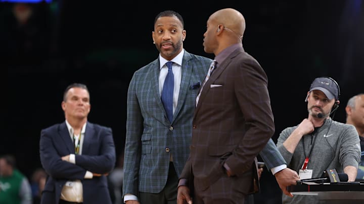Mar 1, 2026; Boston, Massachusetts, USA; Former NBA players Tracy McGrady and Vince Carter react before a game between the Boston Celtics and the Philadelphia 76ers at TD Garden. Mandatory Credit: Paul Rutherford-Imagn Images