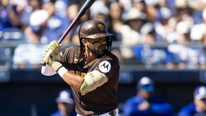 Feb 22, 2026; Peoria, Arizona, USA; San Diego Padres outfielder Fernando Tatis Jr. against the Los Angeles Dodgers during a spring training game at Peoria Sports Complex. Mandatory Credit: Mark J. Rebilas-Imagn Images